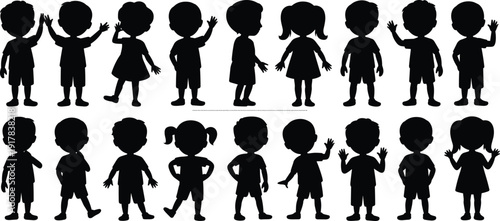 Kids silhouette collection, boys and girls waving standing poses, playful child figures, black vector illustration isolated on white background