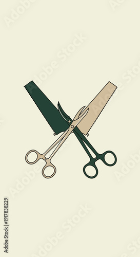 Graphic Illustration Depicting Surgical Scissors Overlapping With Shadowy Cutout Designs