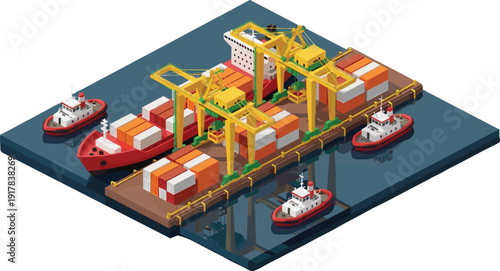 Isometric cargo port terminal with container ships cranes tugboats maritime logistics shipping industry harbor transport infrastructure illustration concept design