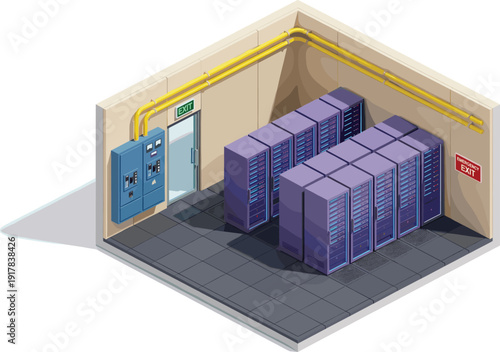 Isometric data center server room with racks networking equipment technology infrastructure cloud computing cybersecurity storage modern digital information system illustration
