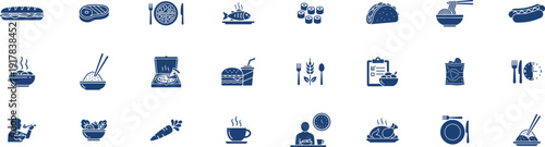 food icons set depicting various meal options such as pizza, burgers, tacos, and soup together with restaurant service items like menus, cutlery, and takeout containers.