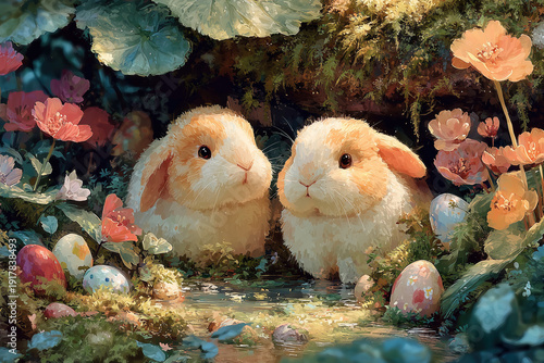 Two cute fluffy Easter bunnies in a magical spring garden with painted eggs and flowers