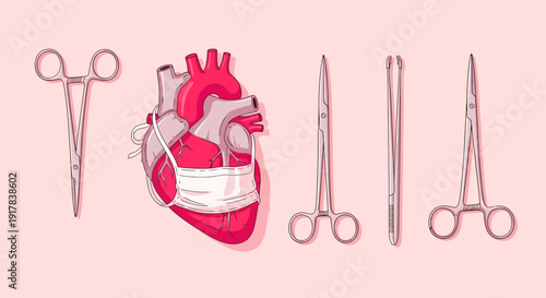 Heart Illustration Surrounded by Surgical Tools and Protective Mask for Medical Concepts