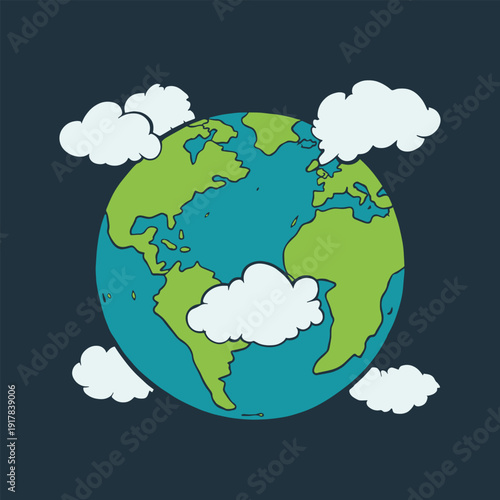 Vector illustration of a colorful illustration of the earth with clouds floating around it on a dark blue background