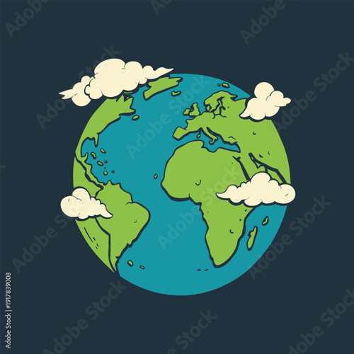 Vector illustration of a colorful illustration of the earth with clouds floating around it in space