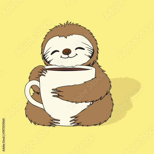 Vector illustration of a cute cartoon sloth holding a white coffee mug on a yellow background with a shadow