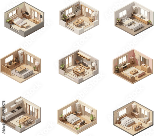 Isometric modern home interior rooms set with bedroom kitchen living spaces residential apartment design architecture illustration cozy contemporary lifestyle collection