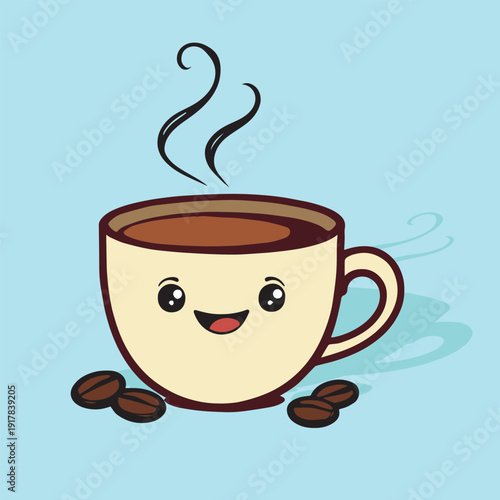 Vector illustration of a cheerful cartoon coffee cup with steam rising and coffee beans on a colored background