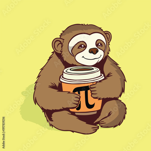 Vector illustration of a cute cartoon sloth holding a coffee cup on a bright yellow background with a happy expression on its face