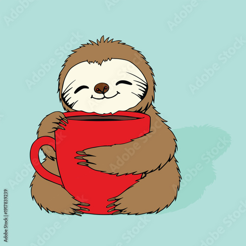 Vector illustration of a cute cartoon sloth holding a large red coffee mug on a light green background