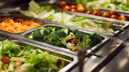 Freshly prepared salad bar with a variety of healthy vegetables and ingredients