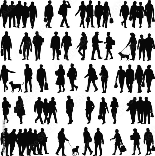 Black silhouettes of people walking, groups, couples, business individuals, pedestrians with dogs, isolated crowd elements for urban architectural vector design