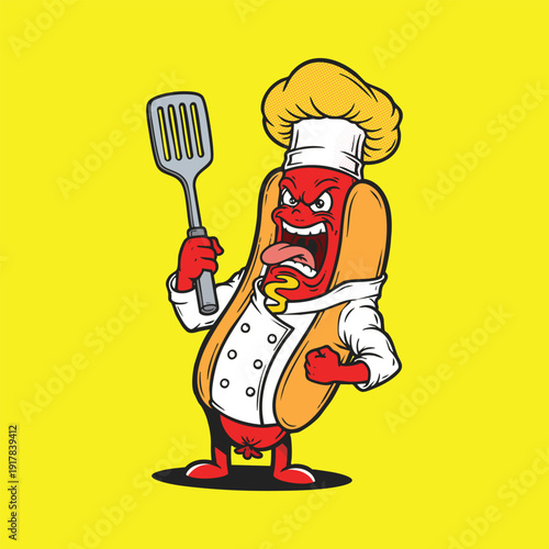 Vector illustration of cartoon hot dog character wearing chef hat and holding spatula on yellow background