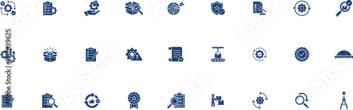 Inspection and quality management icon collection showcasing magnifying glasses, checklist clipboards, verified gear mechanisms, target symbols and analytical research graphics.
