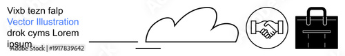 Cloud technology, business partnerships, file management, data synchronization, teamwork, and remote access. Outline of a cloud, handshake and briefcase. Cloud computing and business partnerships