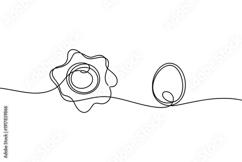 Fried Egg and Uncooked Egg Drawn in Single Line Style on White Background