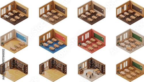Isometric school classroom interiors collection with library lecture rooms desks educational spaces academic learning environment architecture illustration diverse teaching facilities