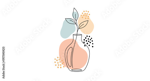 A modern abstract composition featuring a continuous line drawing of a plant in a vase, complemented by pastel shapes and black and yellow dots.