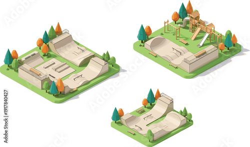 Isometric skate park playground set with ramps slides benches trees outdoor recreation sports urban leisure activity illustration design concept