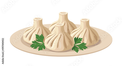 A plate of traditional Georgian dumplings, known as khinkali, garnished with fresh parsley leaves, presented as a delicious and authentic national dish.