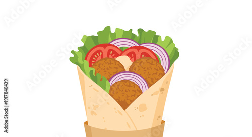 A delicious falafel wrap or shawarma with fresh lettuce, tomatoes, and red onions, presented in a pita bread cone, isolated on a white background.