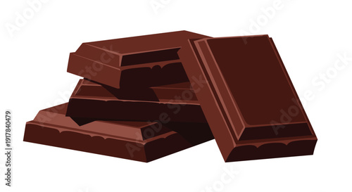 A stack of rich, dark chocolate bar pieces, with one piece leaning against the pile, illustrated in a simple vector style on a white background.