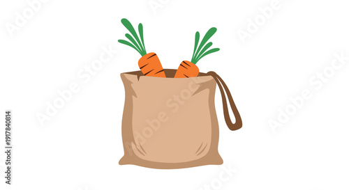A simple and cute illustration of two fresh orange carrots with green tops peeking out of a reusable brown fabric grocery bag on a white background.