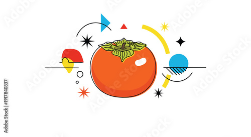 A modern and abstract composition featuring a ripe orange persimmon fruit surrounded by colorful geometric shapes, lines, and stars in a trendy style.