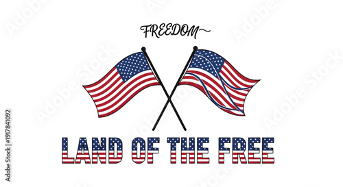 American patriotic icon with crossed USA flags and 'Land of the Free' text, symbolizing freedom and independence.