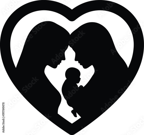 Mother and Father with Baby Inside Heart Silhouette Family Love Illustration