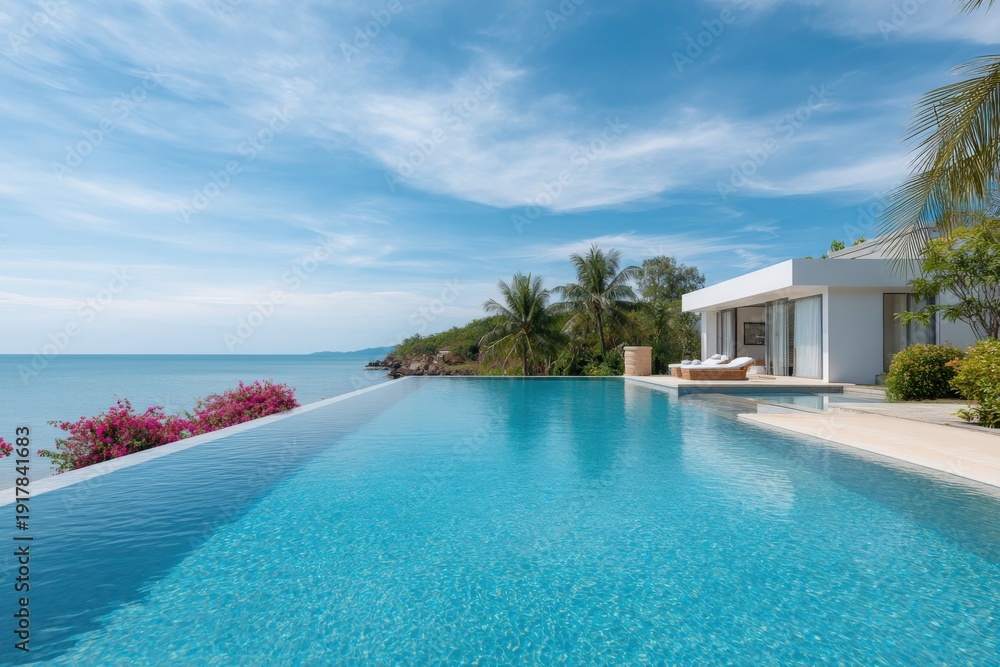 Fototapeta premium Luxurious tropical villa with infinity pool overlooking ocean