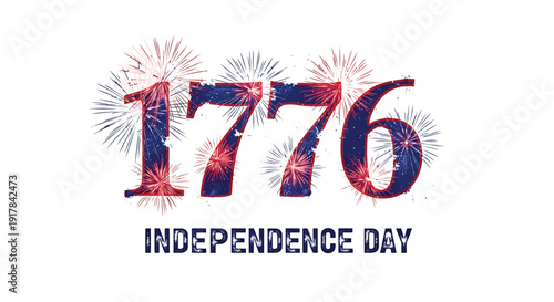 Patriotic 1776 Independence Day vector graphic. Includes American flag themed numbers and fireworks. Created in vintage distressed style with red, white, and blue colors.