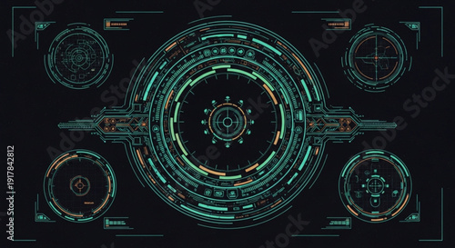 A futuristic vector graphic of a technological interface with circular designs and neon lights on a black background