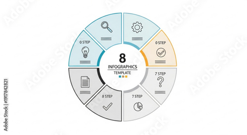 A modern infographic template with a circular design and eight steps for presentations and reports