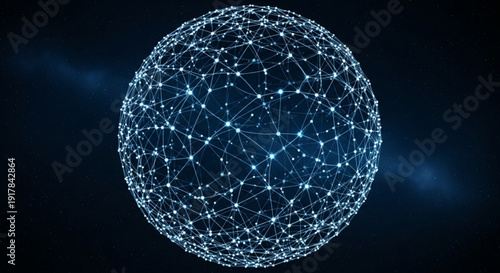 A glowing blue network sphere with interconnected lines and nodes on a dark background
