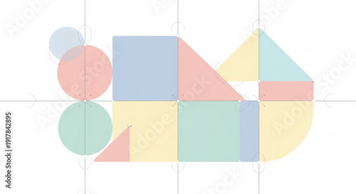 A colorful geometric illustration of various shapes on a grid background