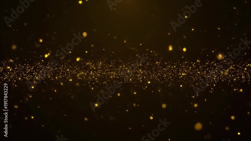 Abstract, mesmerizing, flowing stream of shimmering golden particles creating a dynamic, horizontal light wave effect against a deep, dark brown and black gradient