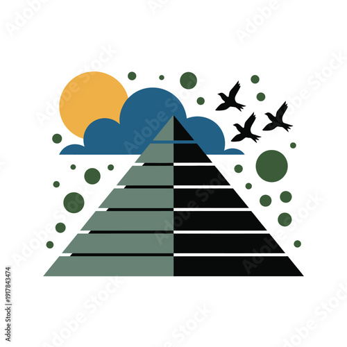 The pyramid symbolizes civilization, progress, and the unknown with birds flying towards the sun.