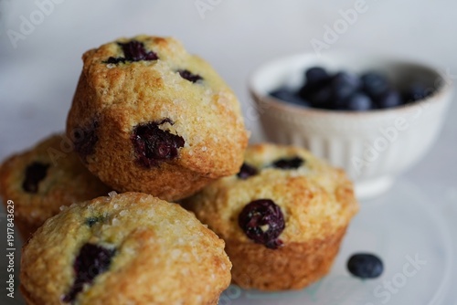 Homemade Blueberry muffins topped with sugar, selective focus
