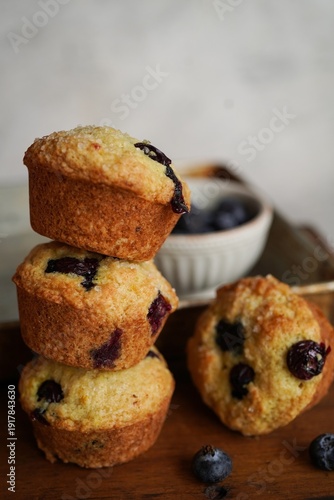 Homemade Blueberry muffins topped with sugar, selective focus