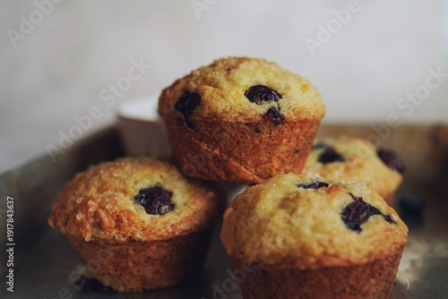 Homemade Blueberry muffins topped with sugar, selective focus