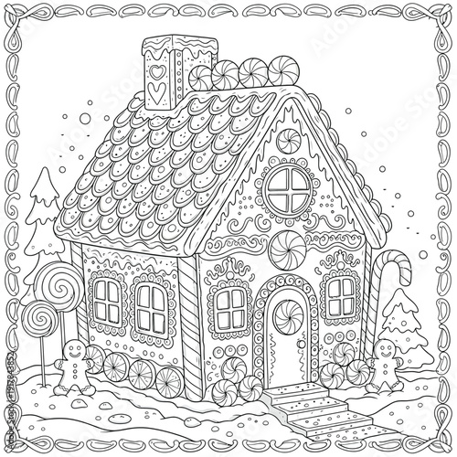 Gingerbread house coloring page with candy decorations and winter snow for holiday season