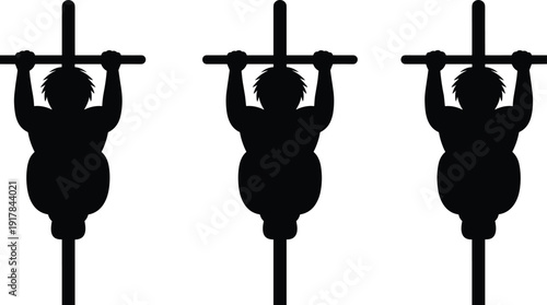 Black silhouette of figures hanging from bars on dark background, repetitive abstract pattern, fitness or suspense concept, minimalist vector illustration.