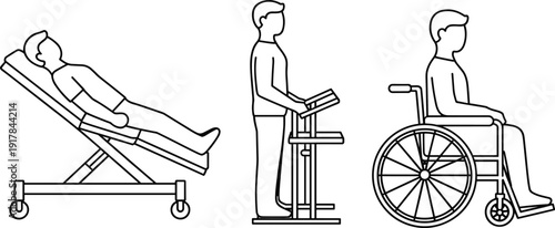 Medical rehabilitation equipment line icons set, patient on adjustable bed, standing frame therapy, and disabled person in wheelchair, healthcare vector.