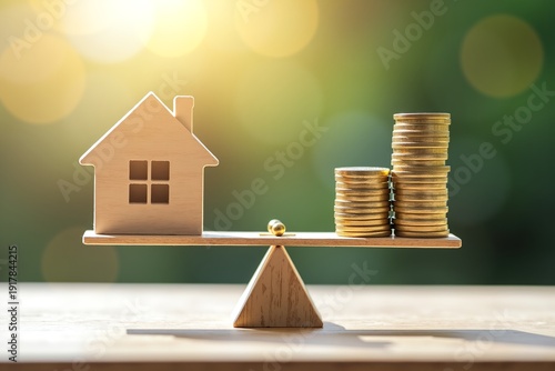 House and coins balanced on scale, symbolizing affordable housing finance. Warm light highlights economic stability concept.