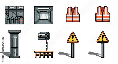 Pixel art construction icons: safety vest, warning signs, tunnel, fire extinguisher