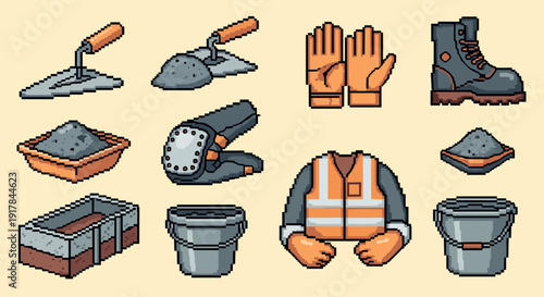 Pixel art construction tools and safety gear set with trowels and gloves