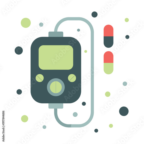 A medical infusion pump with connected medication capsules is depicted.