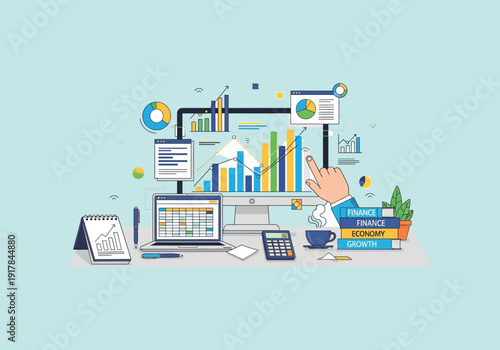 Vector Ilustration Flat Design Business analytics and financial data visualization on computer screen.