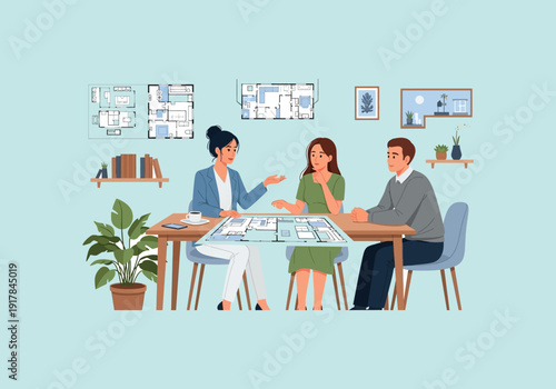Vector Ilustration Flat Design Architectural consultation with clients discussing blueprints.